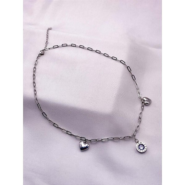 COLAR AÇO INOX 45CM CORRENTARIA PINGENTE  ALGARISMO ROMANO PEDRA CRISTAL - PRATEADO