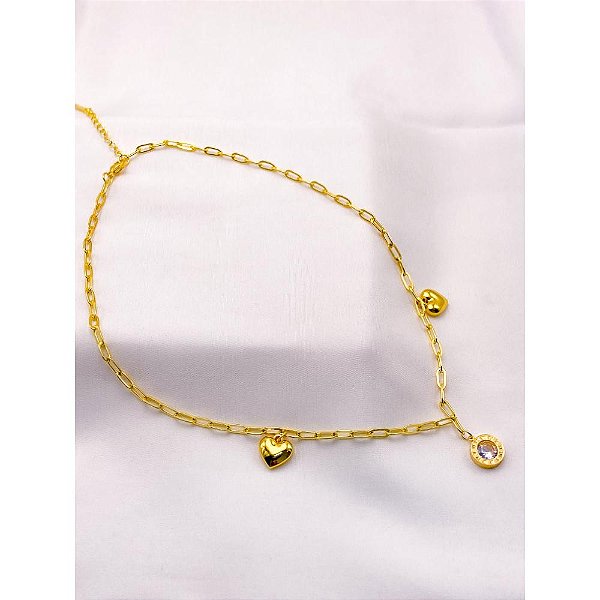 COLAR AÇO INOX 45CM CORRENTARIA PINGENTE ALGARISMO ROMANO PEDRA CRISTAL - DOURADO