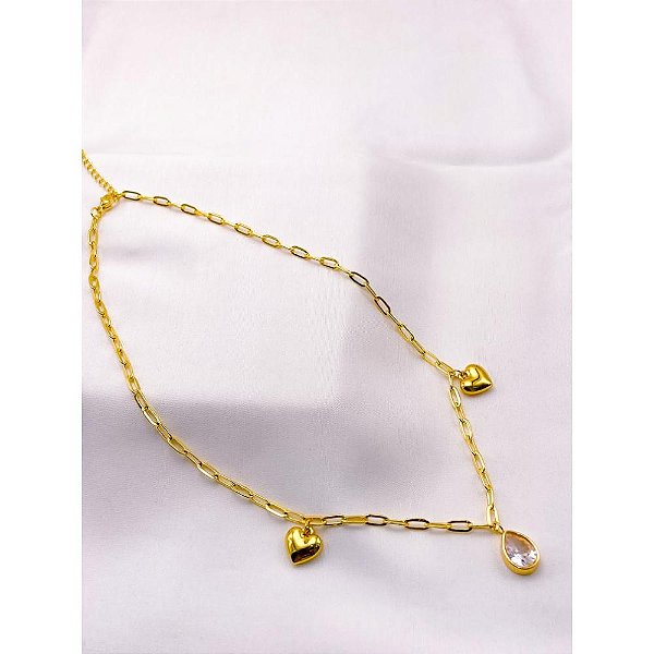 COLAR AÇO INOX 45CM CORRENTARIA PINGENTE GOTA PEDRA CRISTAL - DOURADO