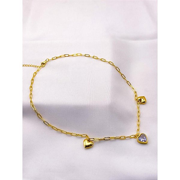 COLAR AÇO INOX 45CM CORRENTARIA PINGENTES CORAÇÃO PEDRA CRISTAL - DOURADO