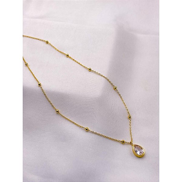 COLAR AÇO INOX 45CM BOLINHAS PINGENTE GOTA PEDRA CRISTAL - DOURADO