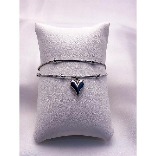 PULSEIRA  AÇO INOXIDÁVEL DUPLA BOLINHAS PINGENTE CORAÇÃO - PRATEADA