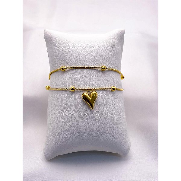 PULSEIRA  AÇO INOXIDÁVEL DUPLA BOLINHAS PINGENTE CORAÇÃO - DOURADA