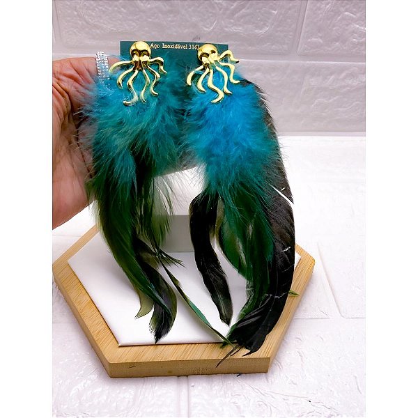 BRINCO AÇO INOX  POLVO PENA AZUL - DOURADO