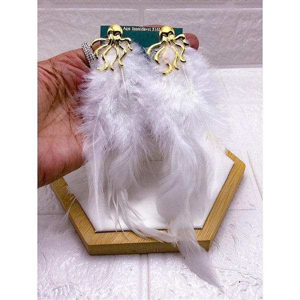 BRINCO AÇO INOX  POLVO PENA BRANCA - DOURADO