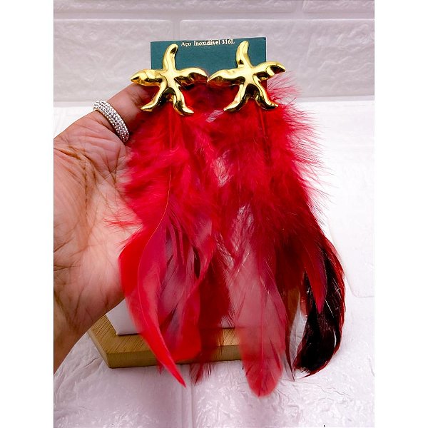 BRINCO AÇO INOX  ESTRELA DO MAR PENA VERMELHA - DOURADO