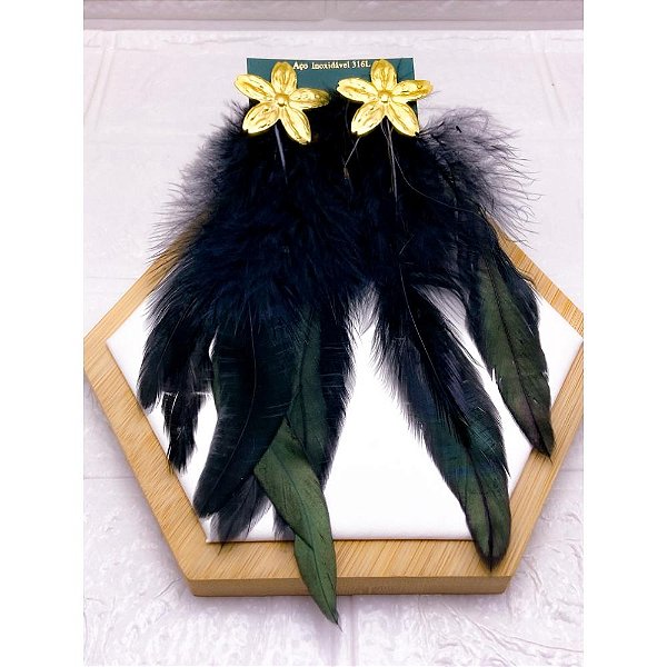 BRINCO AÇO INOX  FLOR PENA PRETA - DOURADO