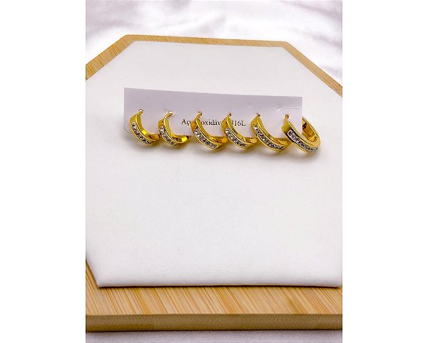 CARTELA TRIO ARGOLINHA CLICK AÇO INOX  CRAVEJADO - DOURADO