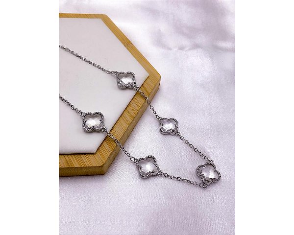 COLAR AÇO INOX 45CM TREVO CRISTAL - PRATEADO