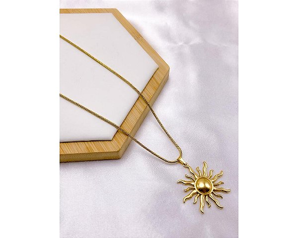 COLAR AÇO INOX 45CM PINGENTE RAIOS DE SOL - DOURADO