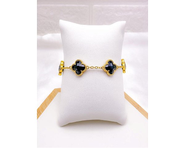 PULSEIRA  AÇO INOX DOURADA - TREVO PRETO