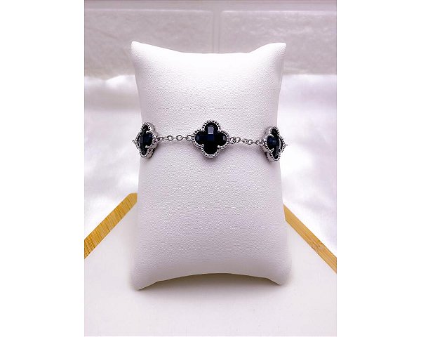 PULSEIRA  AÇO INOX PRATEADA - TREVO PRETO