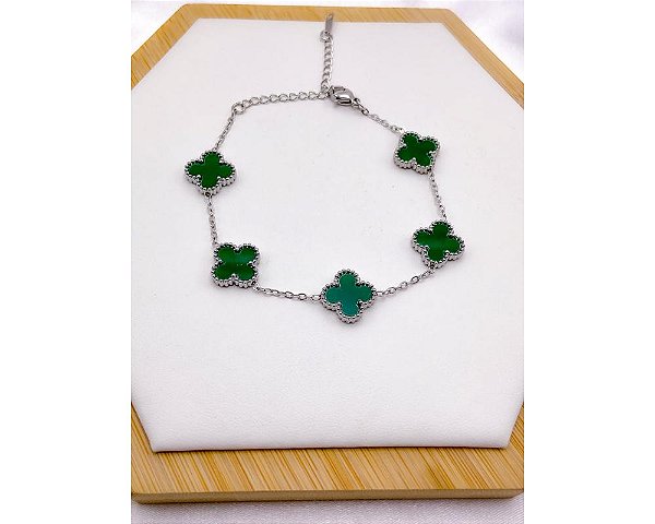 PULSEIRA  AÇO INOX PRATEADA - TREVO VERDE