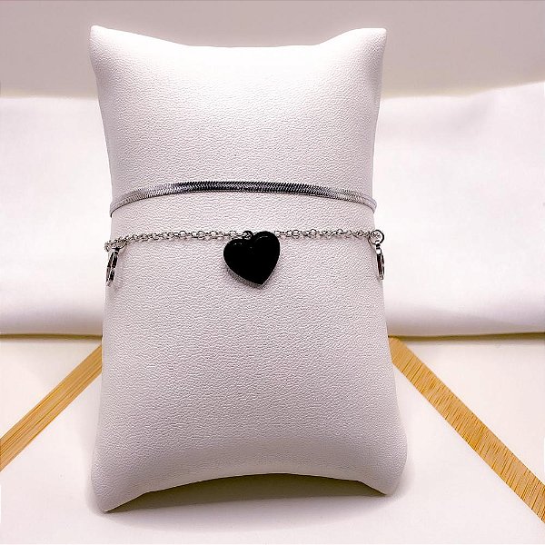 PULSEIRA AÇO INOXIDÁVEL DUPLA FITA E CORAÇÃO VAZADO PRETO - PRATEADA