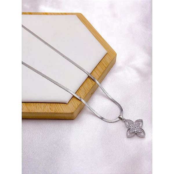 COLAR AÇO INOX 45CM PINGENTE FLOR CRAVEJADO BANHADO -  PRATEADO