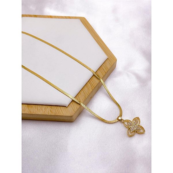COLAR AÇO INOX 45CM PINGENTE FLOR CRAVEJADO BANHADO -  DOURADO