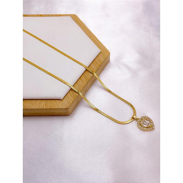 COLAR AÇO INOX 45CM PINGENTE CORAÇÃO CRAVEJADO BANHADO -  DOURADO