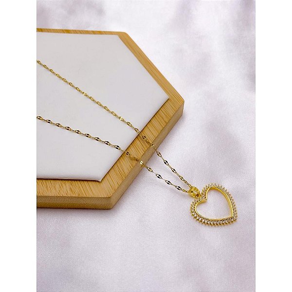 COLAR AÇO INOX 45CM PINGENTE CORAÇÃO CRAVEJADO BANHADO -  DOURADO