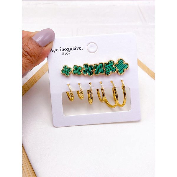 CARTELA 6 PARES BRINCO AÇO INOX  ARGOLINHA E TREVO VERDE - DOURADO