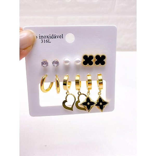 CARTELA 6 PARES BRINCO AÇO INOX ARGOLINHA E TREVO PRETO - DOURADO