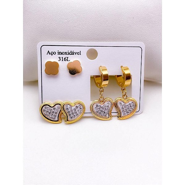 CARTELA TRIO BRINCO AÇO INOX  CORAÇÃO CRAVEJADO - DOURADO