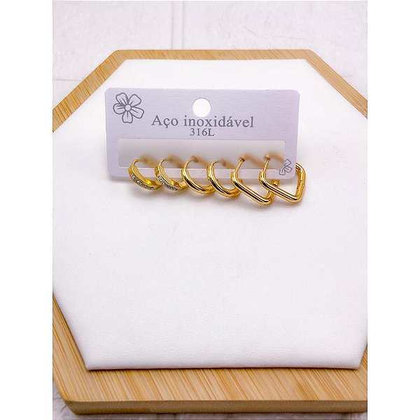 CARTELA TRIO ARGOLINHA CLICK AÇO INOX  QUADRADO - DOURADO