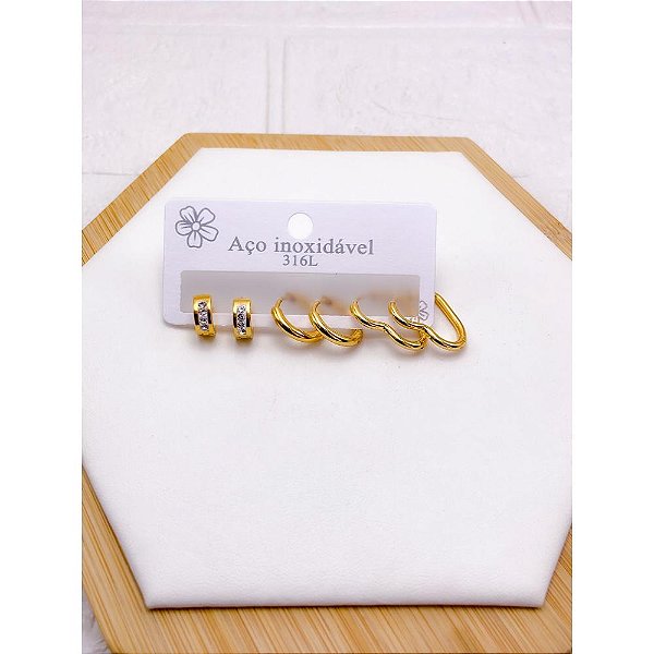 CARTELA TRIO ARGOLINHA CLICK AÇO INOX  CORAÇÃO - DOURADO