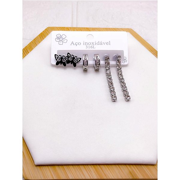 CARTELA TRIO BRINCO AÇO INOX  PEDRA CRISTAL BORBOLETA - PRATEADO