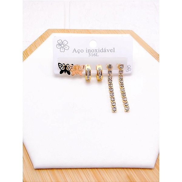 CARTELA TRIO BRINCO AÇO INOX  PEDRA CRISTAL BORBOLETA - DOURADO