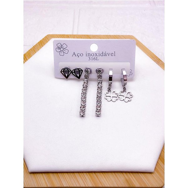 CARTELA TRIO BRINCO AÇO INOX  PEDRA CRISTAL TREVO - PRATEADO