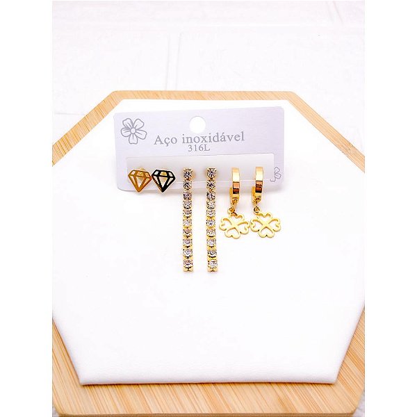 CARTELA TRIO BRINCO AÇO INOX  PEDRA CRISTAL TREVO - DOURADO