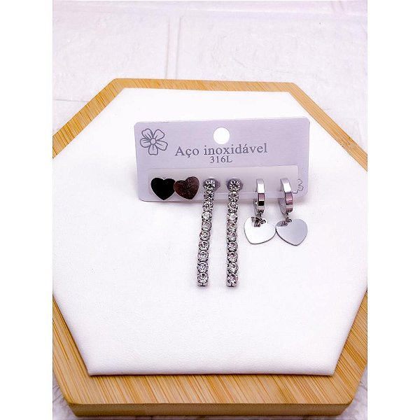 CARTELA TRIO BRINCO AÇO INOX  PEDRA CRISTAL CORAÇÃO - PRATEADO