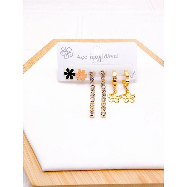 CARTELA TRIO BRINCO AÇO INOX  PEDRA CRISTAL FLOR - DOURADO