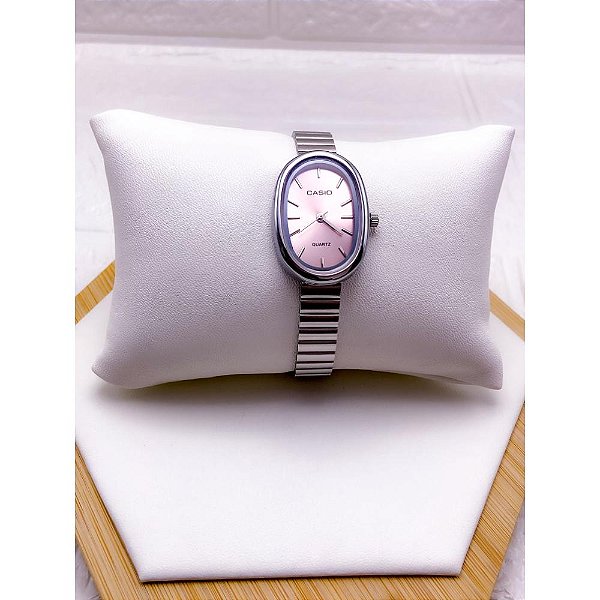 RELÓGIO VINTAGE CAIXA OVAL AÇO INOXIDAVEL FEMININO FUNDO ROSA - PRATEADO