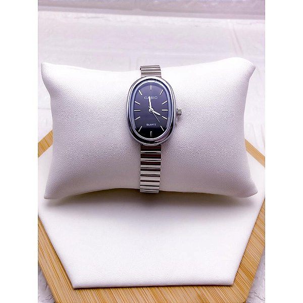RELÓGIO VINTAGE CAIXA OVAL AÇO INOXIDAVEL FEMININO FUNDO PRETO - PRATEADO