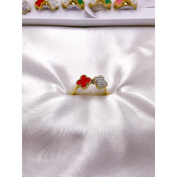 ANEL AÇO INOXIDÁVEL TREVO CRAVEJADO DOURADO - ROSA