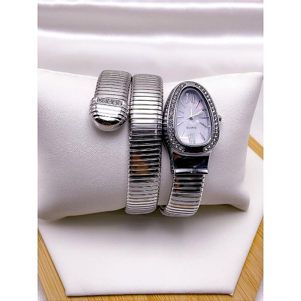 RELÓGIO SERPENTI COBRA CRAVEJADO CAIXA E PULSEIRA EM AÇO INOXIDÁVEL FUNDO PEROLADO - PRATEADO