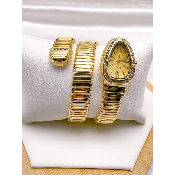 RELÓGIO SERPENTI COBRA CRAVEJADO CAIXA E PULSEIRA EM AÇO INOXIDÁVEL FUNDO DOURADO - DOURADO