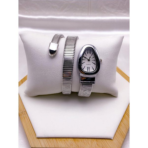 RELÓGIO SERPENTI COBRA CAIXA E PULSEIRA EM AÇO INOXIDÁVEL FUNDO BRANCO - PRATEADO