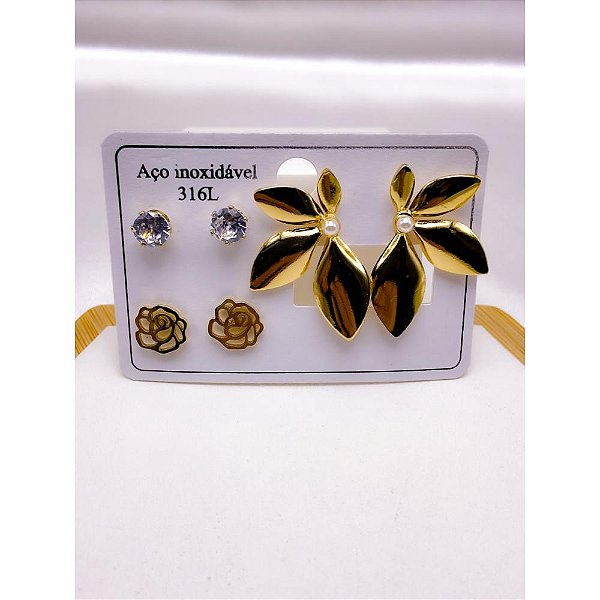 CARTELA 3 PARES BRINCO AÇO INOX  FLOR  - DOURADO