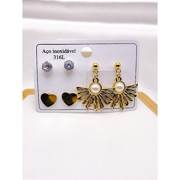 CARTELA 3 PARES BRINCO AÇO INOX  PEROLA  - DOURADO