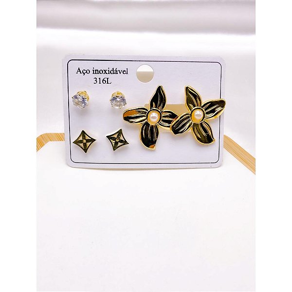 CARTELA 3 PARES BRINCO AÇO INOX  FLOR  - DOURADO