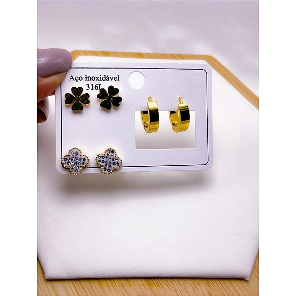 CARTELA 3 PARES BRINCO AÇO INOX  TREVO CRAVEJADO  - DOURADO