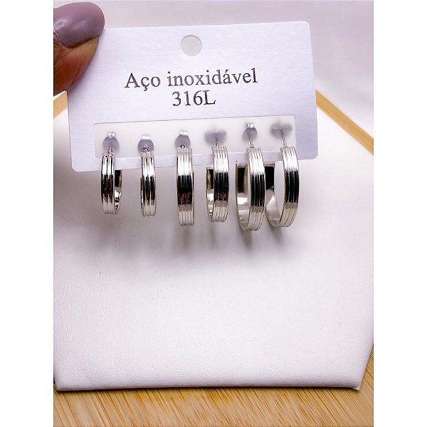CARTELA 3 PARES BRINCO AÇO INOX  ARGOLAS  3 FIOS- PRATEADA