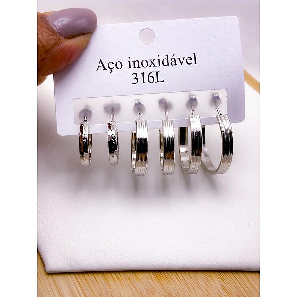 CARTELA 3 PARES BRINCO AÇO INOX  ARGOLAS  SORTIDAS - PRATEADA