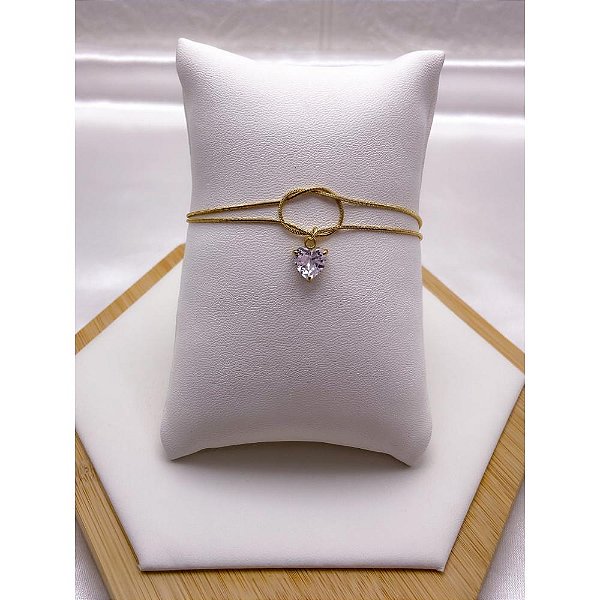 PULSEIRA AÇO INOX DUPLA NÓ CORAÇÃO PEDRA CRISTAL - DOURADA (17CM+4CM EXTENSOR)