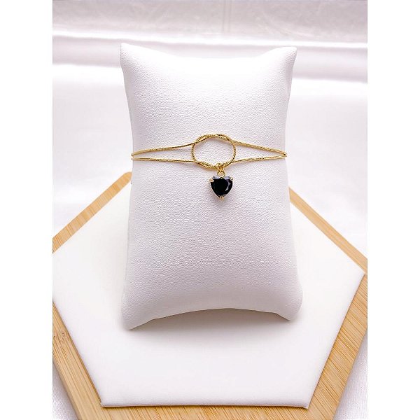 PULSEIRA AÇO INOX DUPLA NÓ CORAÇÃO PEDRA PRETA - DOURADA (17CM+4CM EXTENSOR)