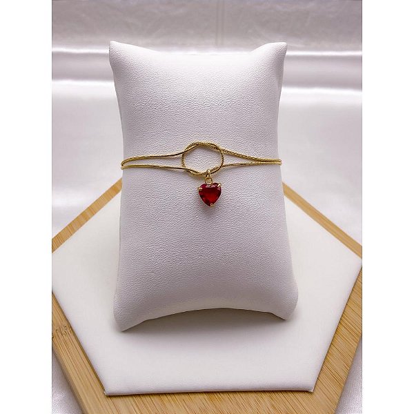 PULSEIRA AÇO INOX DUPLA NÓ CORAÇÃO PEDRA VERMELHA - DOURADA (17CM+4CM EXTENSOR)