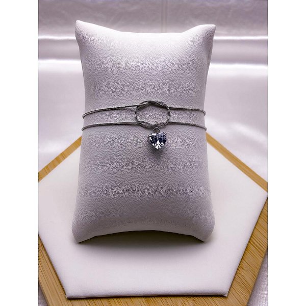 PULSEIRA AÇO INOX DUPLA NÓ CORAÇÃO PEDRA CRISTAL - PRATEADA (17CM+4CM EXTENSOR)