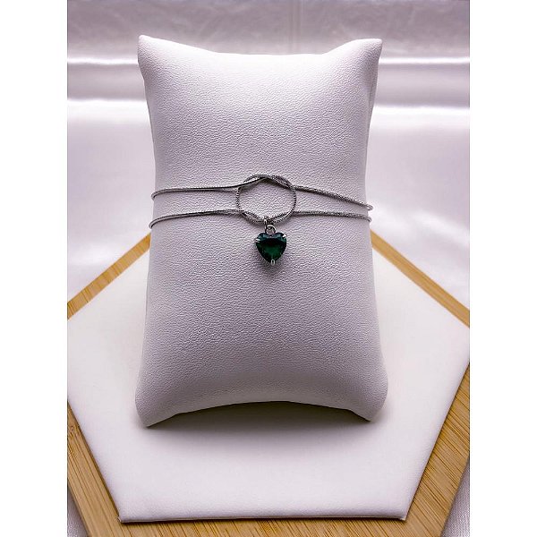 PULSEIRA AÇO INOX DUPLA NÓ CORAÇÃO PEDRA VERDE - PRATEADA (17CM+4CM EXTENSOR)